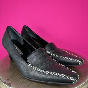 Prevata Black Leather White Stitch Detail Low Heel Pump US 7.5
